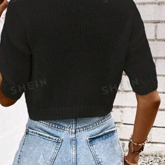 Short sleeve knitted sweater with round neck. Small cropped. Black sweater top - Picture 2 of 4